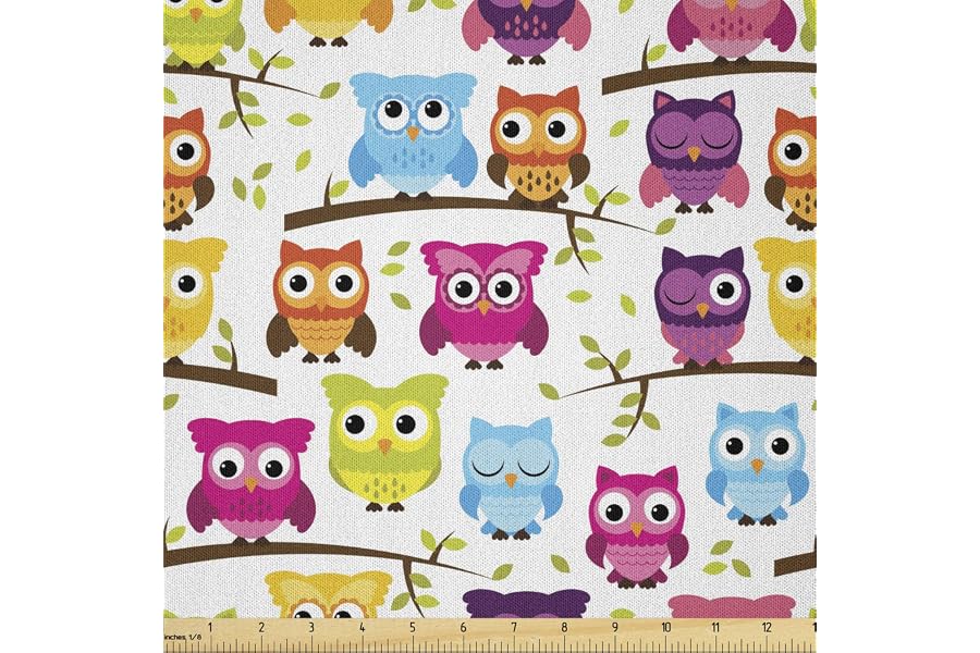 Lunarable Owls Fabric by The Yard, Owls in The Forest Woodland Celebration Friendship Togetherness Themed Artwork Print, Micr