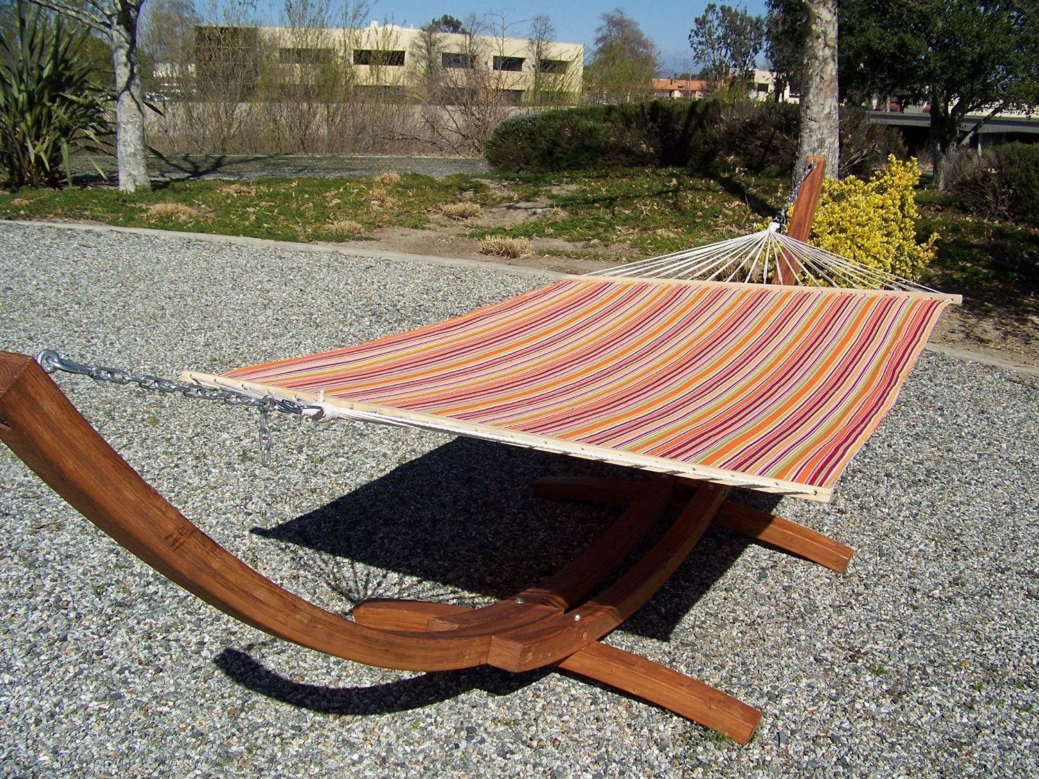 Petra Leisure, 14 Ft. Water Treated Wooden Arc Hammock Stand + Premium Quilted, Double Padded Hammock Bed. 2 Person Bed.450 LB Capacity(Teak Stain/Fiesta Stripe)