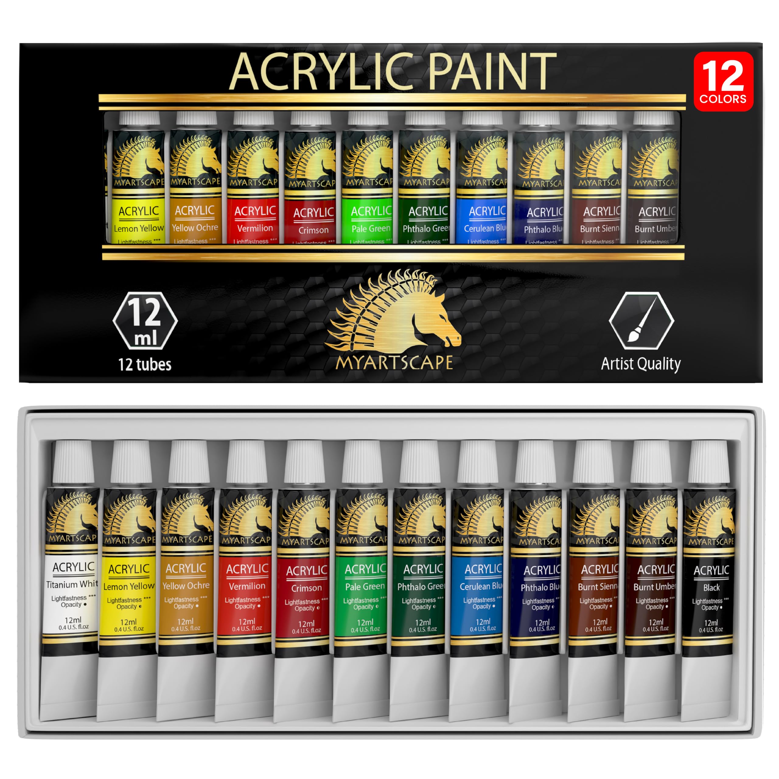 Myartscape Acrylic Paint Set - 12 x 12ml Tubes - Lightfast - Heavy Body - Great Tinting Strength - Professional Grade – Artist Quality Painting Supplies - Premium Paints