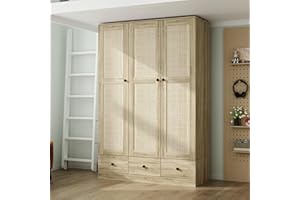 Hitow Ratten Wardrobe Armoire Closet, 3 Door Rattan Closet Wardrobe Cabinet with 3 Drawers & Hanging Rod, Storage Wardrobe Armoire Dresser for Bedroom Organizer (47.2" W x 18.9" D x 70.9" H)