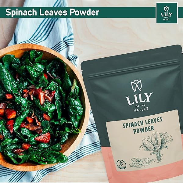 LILY OF THE VALLEY SPINACH POWDER – GREEN SUPERFOOD POWDER FOR JUICE, SMOOTHIES, SOUPS, BAKED DISHES & RECIPES – VEGAN & GLUTEN-FREE – PACKED IN RESEALABLE POUCH (16OZ, 453G)