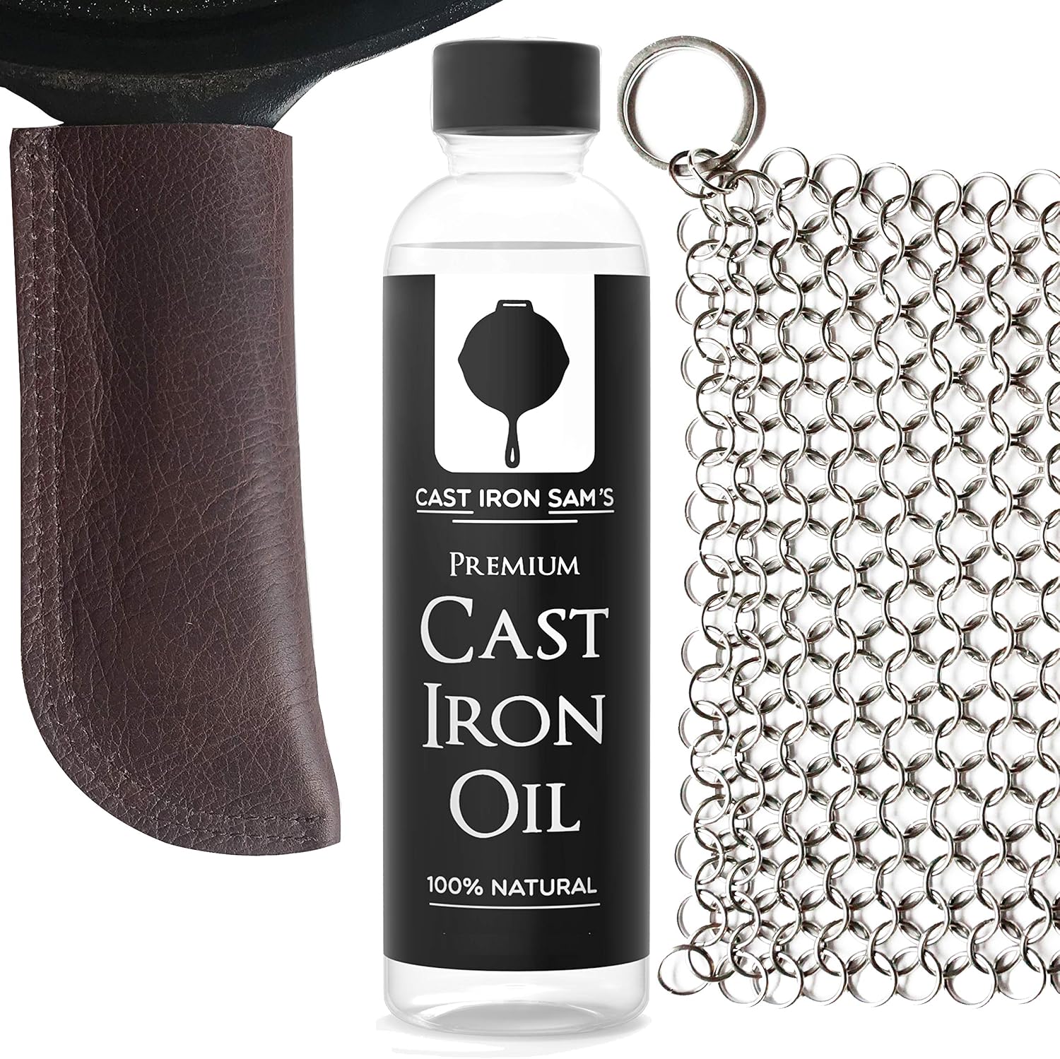 Extra Thick Top-Grain Leather Cast Iron Skillet Handle Cover, Stainless Steel Chainmail Scrubber and Cast Iron Seasoning Oil Kit.(3-piece kit)