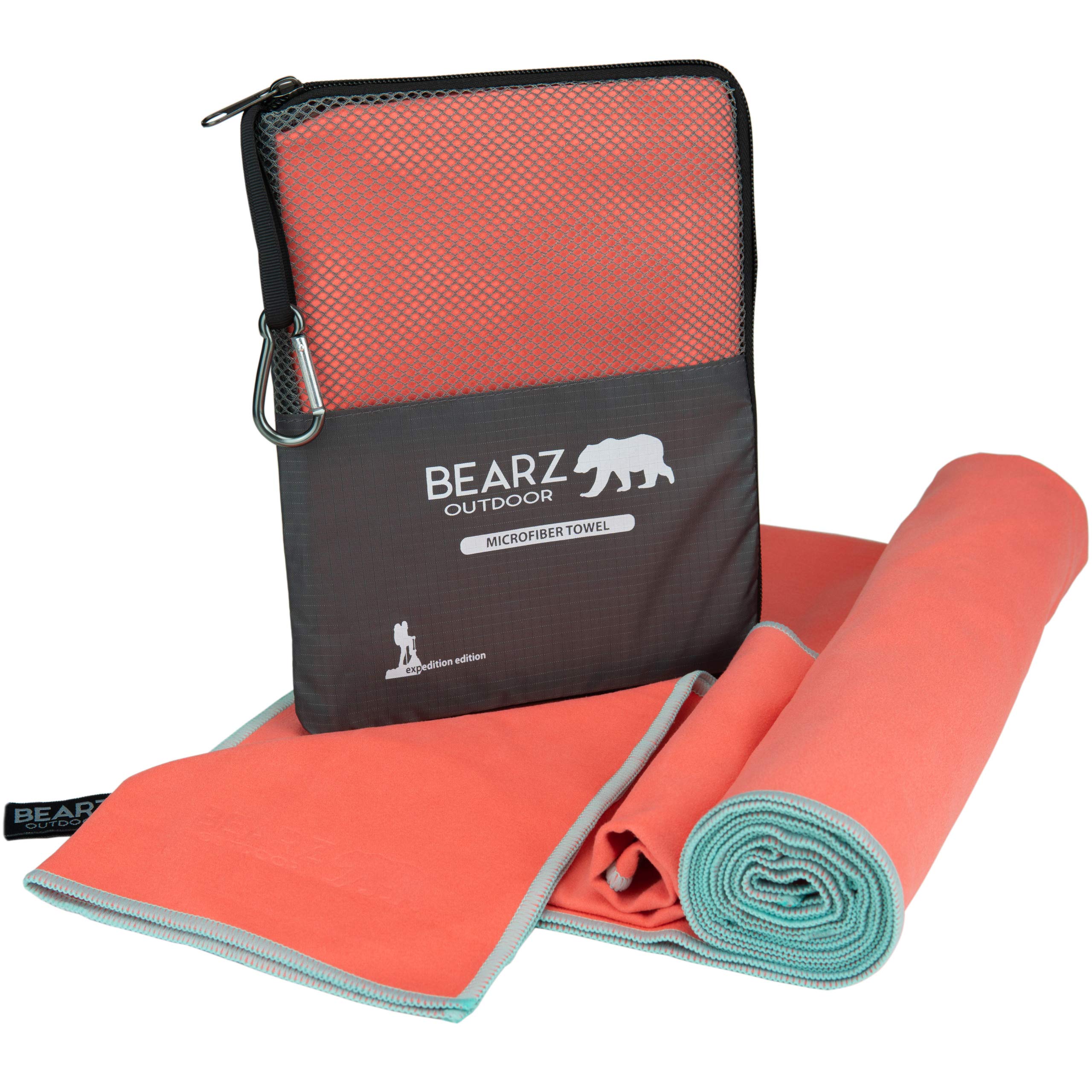 BEARZ Outdoor Travel Towel - Quick Dry Microfiber Towel for Hiking, Gym, Camp (Includes Bonus Face Cloth) Coral