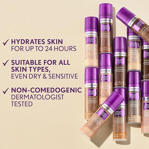 COVERGIRL SIMPLY AGELESS SKIN PERFECTOR ESSENCE FOUNDATION, 80 DEEP, TINTED SKIN PERFECTOR, SKINCARE MAKEUP HYBRID, SHEER TINT, RADIANT FINISH, SKIN-LIKE FINISH, VEGAN FORMULA, 1.0OZ