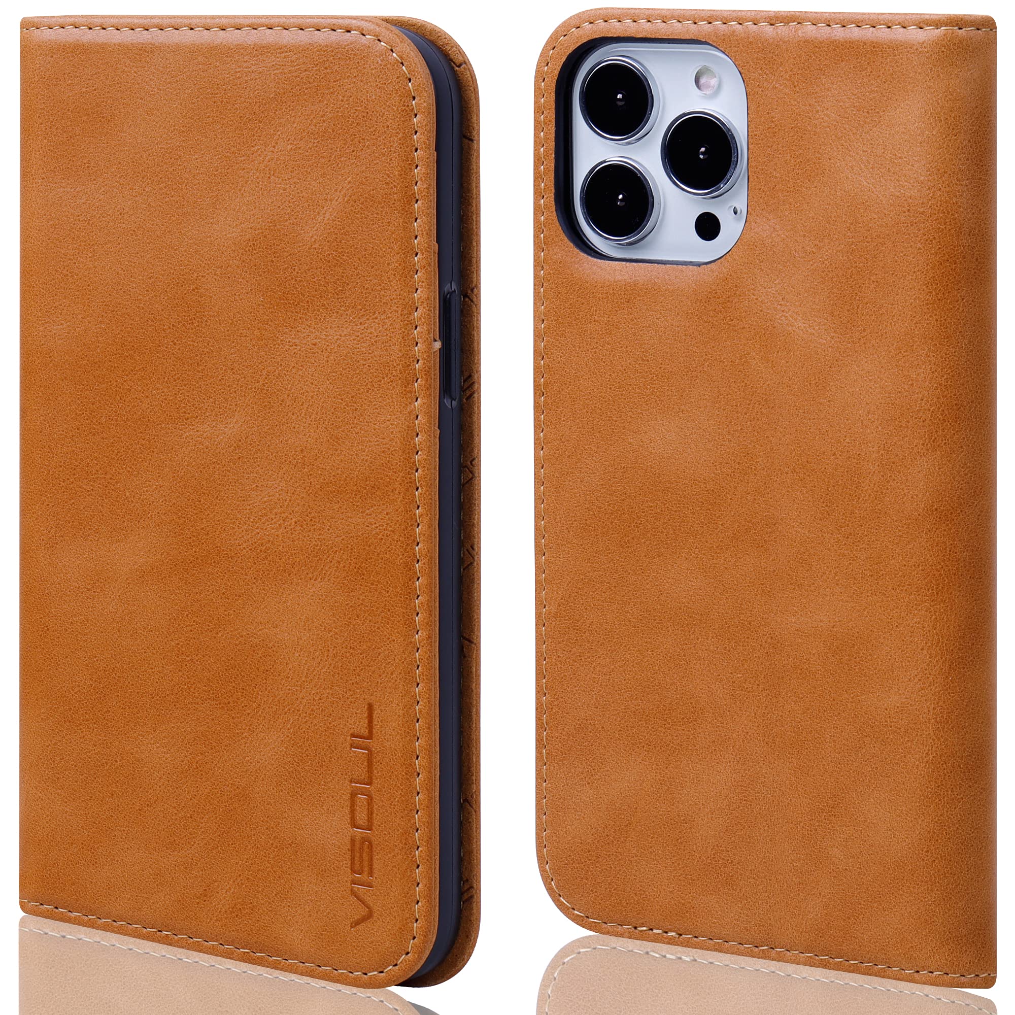 VISOUL Wallet Case Compatible for iPhone 13 Pro 6.1" 2021 Genuine Leather Folio Case, RFID Blocking, Magnetic, 3 Credit Card Slots, Kickstand, Shock Absorbing-Yellow