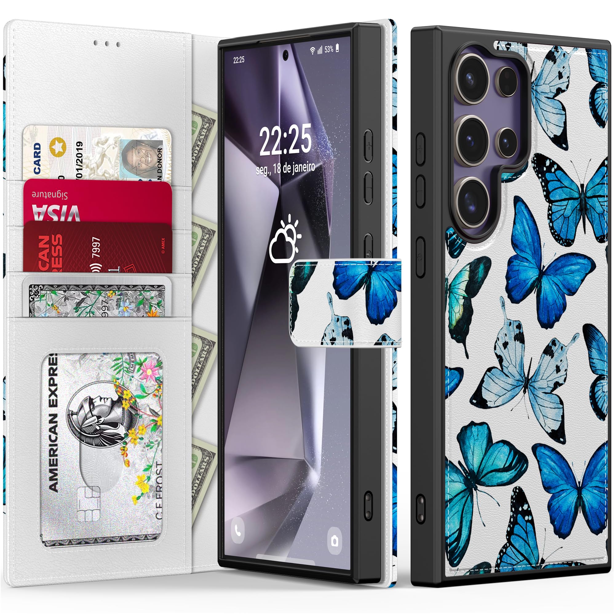 Photo 1 of FUNMIKO for Samsung Galaxy S24 Ultra Case Wallet,Detachable Flip Folio Leather Cover,RFID Blocking 4 Card Slots Holder,Kickstand Function,Protective Phone Shell for Women,Blue Butterfly