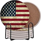 USA American Flag United States Round Coasters Set of 6 - Abosrbent Ceramic with Metal Stand for Drinks, Coffee, Non-Slip Cork Back for Tabletop Protection, 4 Inches (Rustic)