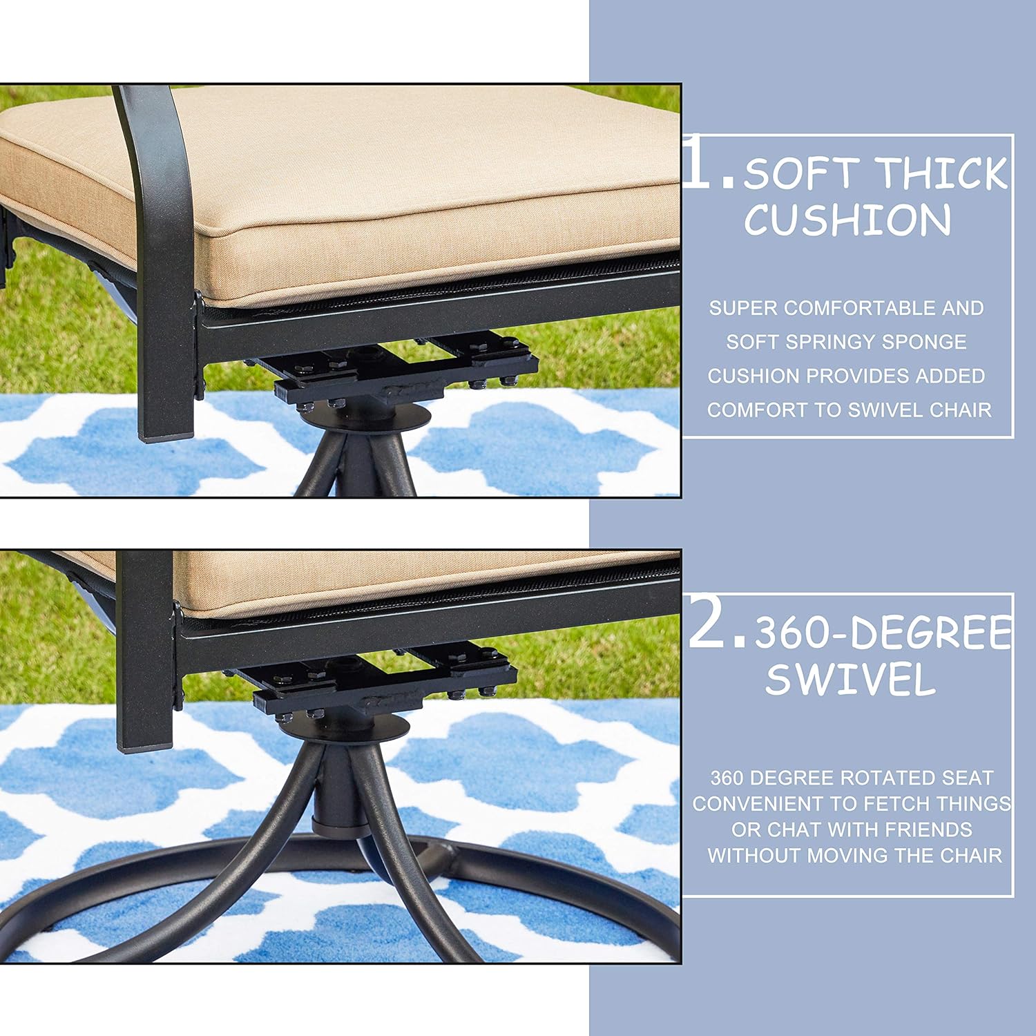 LOKATSE HOME 3 Pieces Patio Swivel Set Outdoor Metal Steel Furniture with 2 Dinning Chairs and Umbrella Side Square Table, bar, Beige Cushions: Garden & Outdoor