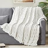 DREAMNINE Luxe Thick Fluffy Ruched Faux Rabbit Fur Throw Blanket for Couch 50" x 60", Decorative Super Soft Ruffle Warm Fuzzy Blankets for Winter, Double Sided Cozy Accent Shaggy Furry Blankets, White