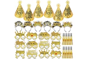 HOWAF New Years Eve Party Supplies 2026, Happy New Years Party Favors Headband Cone Hats Glitter Paper Eyeglasses Noise Makers Laser Gold New Year Decorations 2026 for NYE Favor Accessories 36pcs