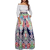 Sinono Women's African Printed Maxi Skirt Flared A Line Long Skirts