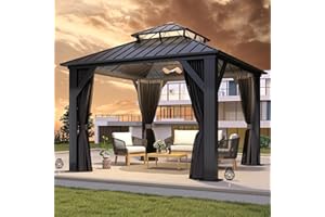 GARTOO 9.5x9.5FT Outdoor Hardtop Gazebo with Double Roof - Aluminum Heavy-Duty Galvanized Steel Top Gazebo with Breathable Netting & Privacy Curtain for Patio, Porch, Garden, Lawn, Deck, Backyard