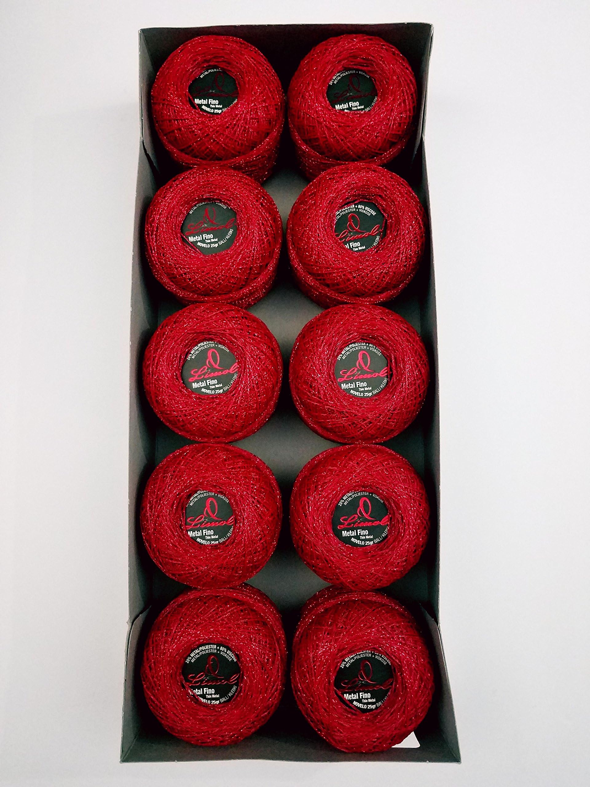 Limol Crochet and Knitting Cotton. 20% Metallic Polyester 80% Viscose. 25 Grams. Made in Portugal. (Red Metallic (Fine Thread))