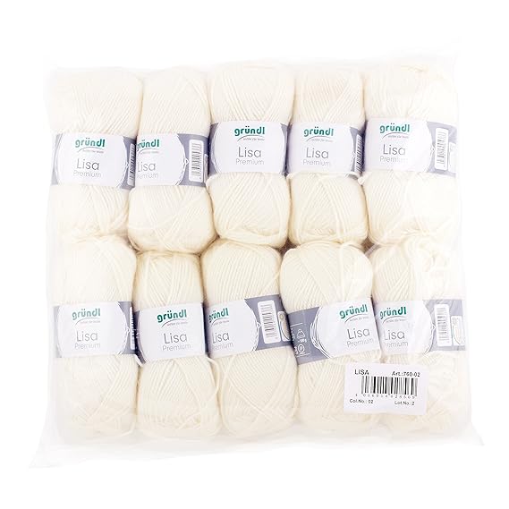 Gründl 760-02 Lauflänge Pro Knäuel, Lisa Uni, 50 g, 10-er Pack, 133 m, Creme