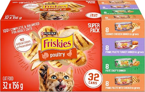 Friskies Poultry Wet Cat Food, Variety Pack 4 Flavours - 156 g Can (32 Pack)