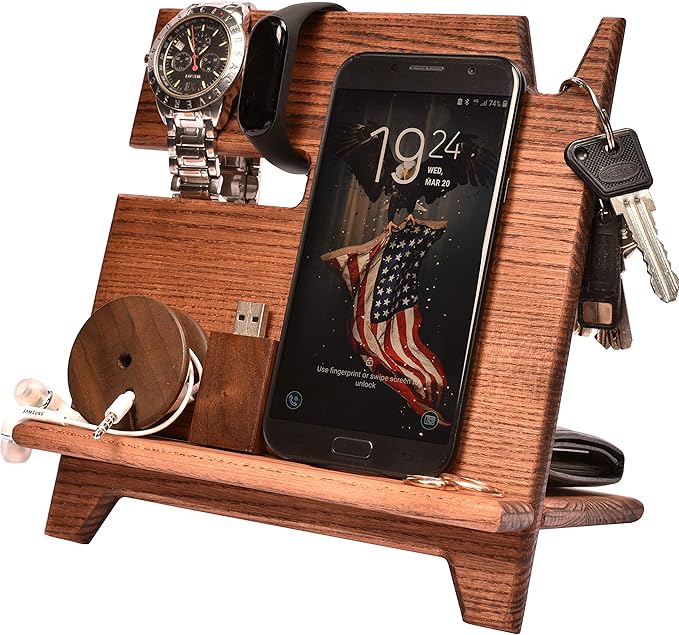 Wood Cell Phone Stand Watch Holder Men Wireless Device Dock Organizer Mobile Base Nightstand Charging Docking Station Women Accessories Wooden Storage Bed Side Caddy Teen Valet Amazon Co Uk Electronics