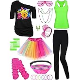 AOTHSO 24 Pieces Halloween Women 80s Costume Accessories Set 80s Cosplay T-Shirt Tutu Pants Racerback Top Fanny Pack Gloves