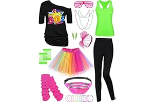 AOTHSO 24 Pieces 80s Costumes for Women, 80s Outfit Cosplay T-shirt Tutu Pants Racerback Top Gloves Accessories