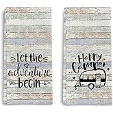 Qpenm Rustic Camping Kitchen Towels Set of 2, Happy Camper Dish Towels, Hand Towels for RV, Decor and Gifts for Women, 16x24 Inch