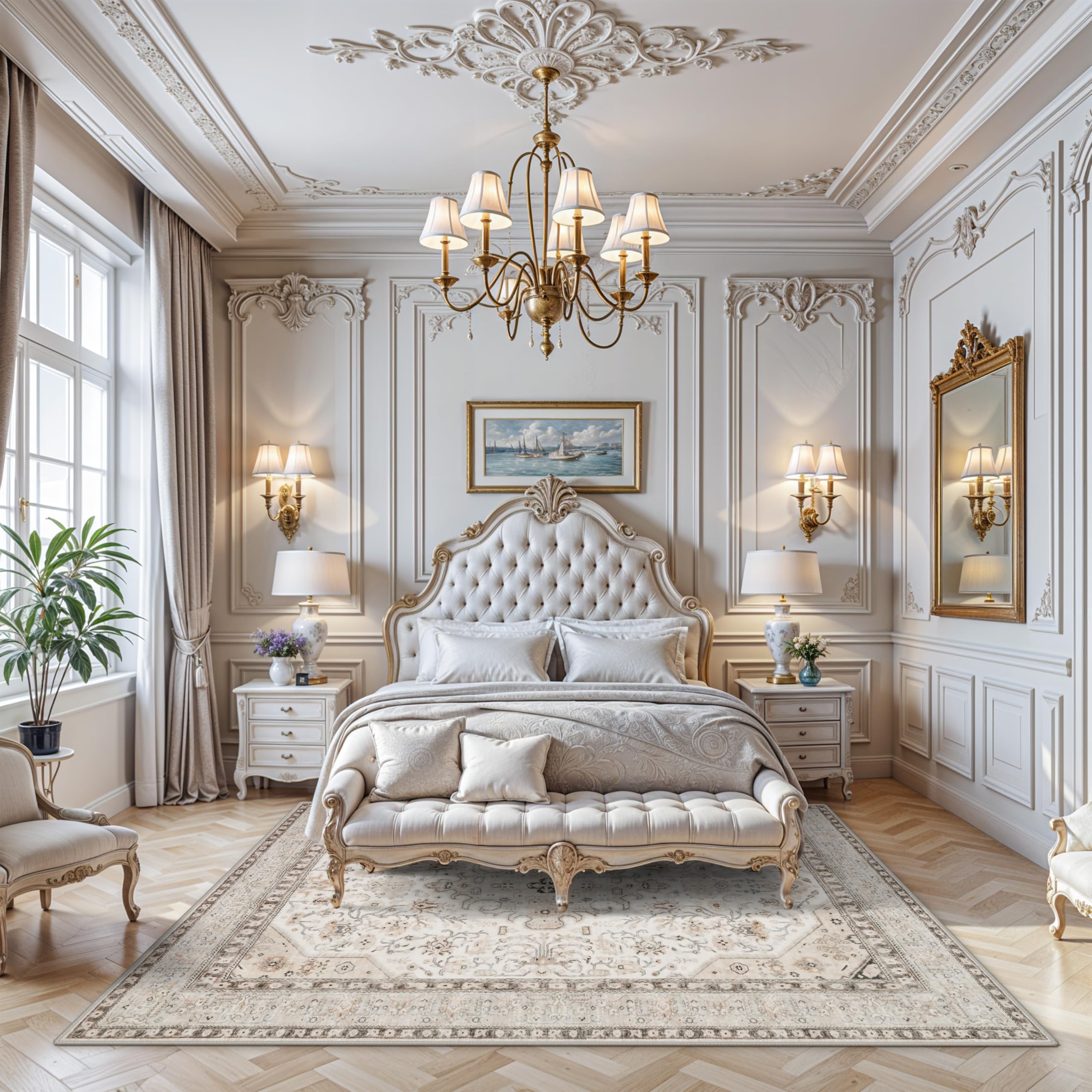 Washable Oreintal Bedroom Area Rug: 7x10 Vintage Neutral Indoor Floor Rugs Non Slip - Easy Clean Soft Thin Mid-Century Decor Carpet - Designed for Living Room Dining Room Dog Cat Family 7 by 10 Ivory Image