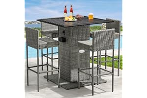 YITAHOME 5-Piece Outdoor Furniture Wicker Bar Set with Built-in Bottle Opener, Hidden Storage Shelf & Metal Tabletop, 4 Stool with Backrest for Patios, Backyards, Gardens, Poolside, Porches (Gray)