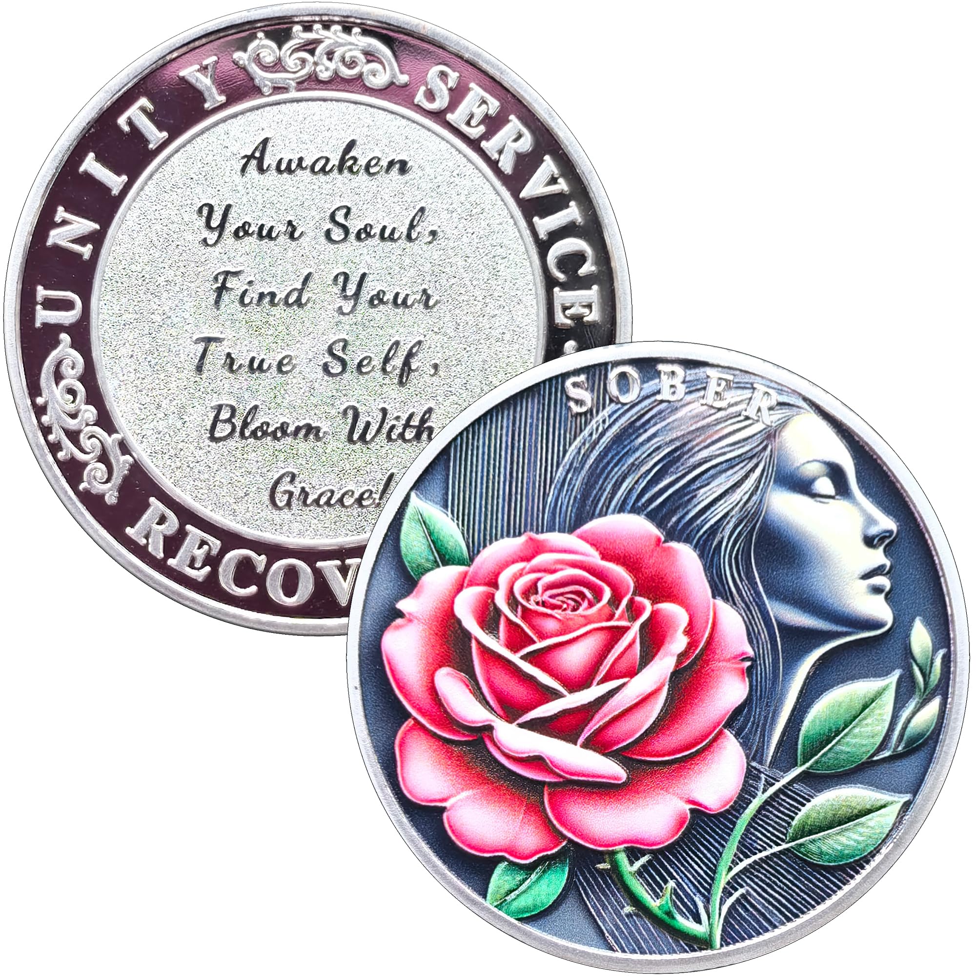 Photo 1 of 1.57-inch Sobriety Chip – Zinc Alloy Recovery Token with Inspirational Rose Design – Serenity Prayer Token for Alcohol Recovery, Sobriety Gift
