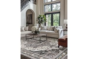 BEIMO Area Rugs for Living Room 8x10 Machine Washable Rug, Boho Vintage Retro Large Floral Medallion Carpet for Bedroom Dining Room, Low Pile Lightweight Thin Chenille Non Slip Rug，Dark Grey