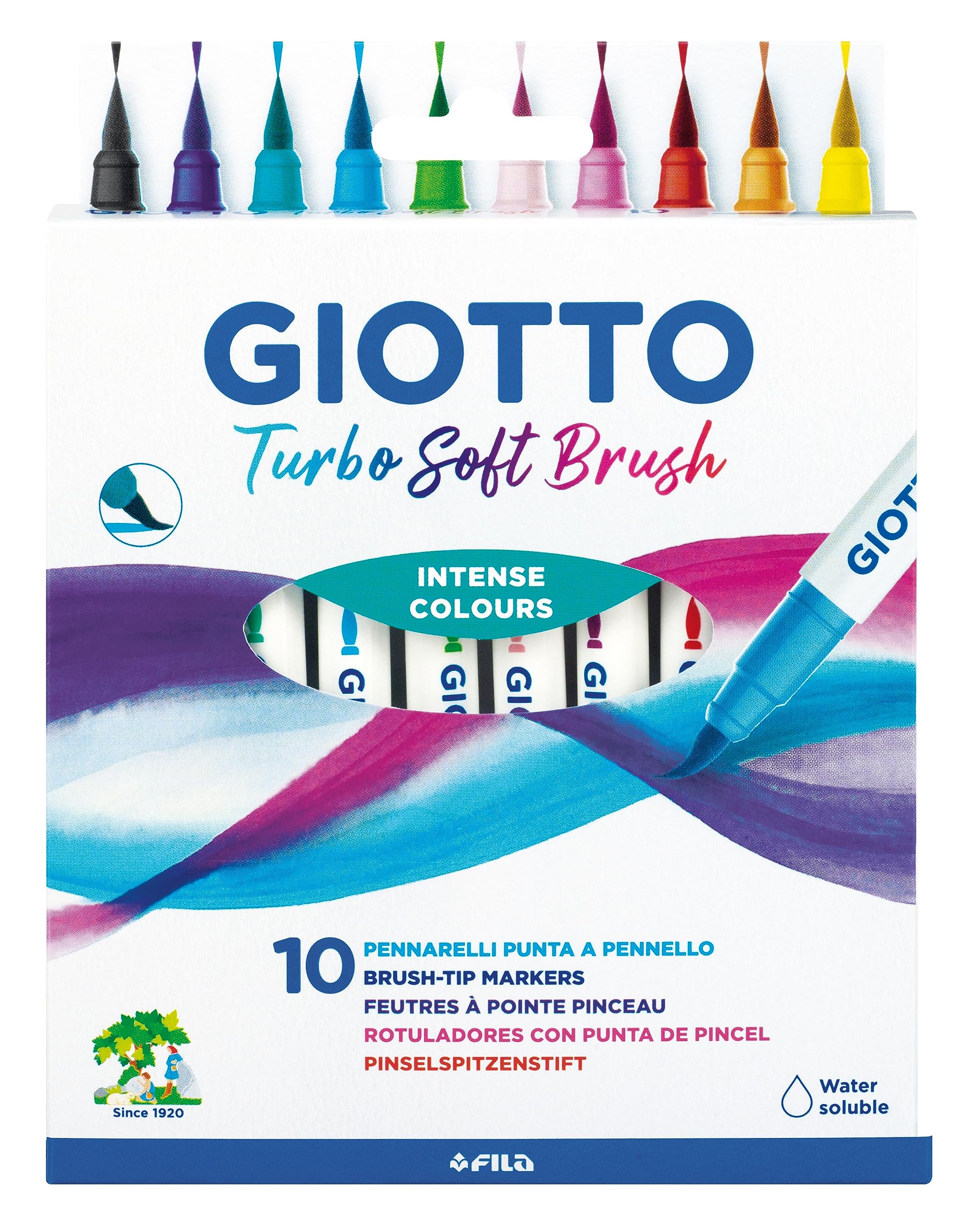 GIOTTO Turbo Soft Brush Felt Tip Fibre Pens, Soft Nib, Water Soluble, Lettering, 10 Assorted Intense Colours, For Children, Parties and Schools