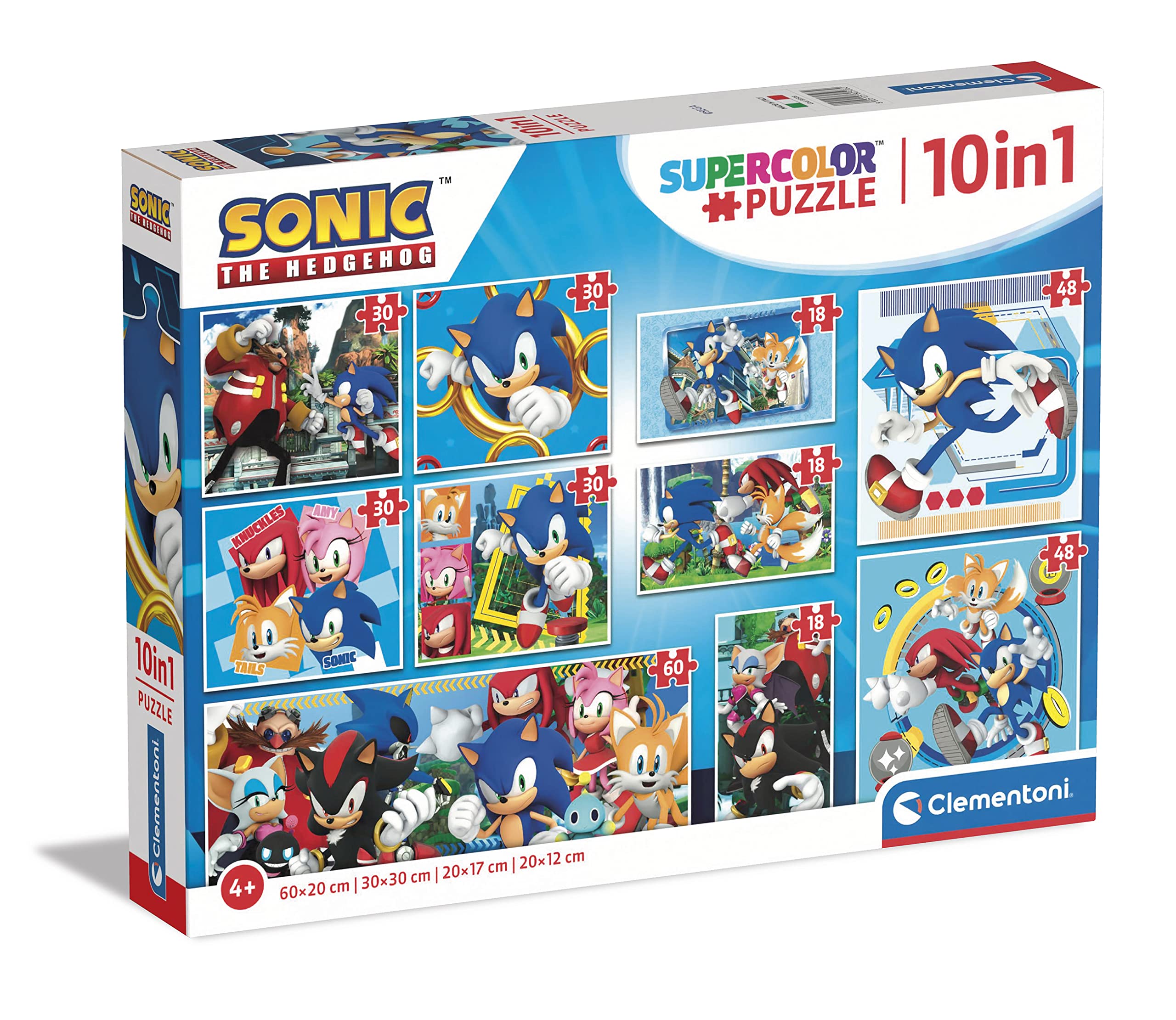 Clementoni 80508 Sonic Supercolor 10 in 1-10 Different Images (3 18 30, 2 with 48 One with 60 Tiles), Multicolour, Children Puzzle Age 4