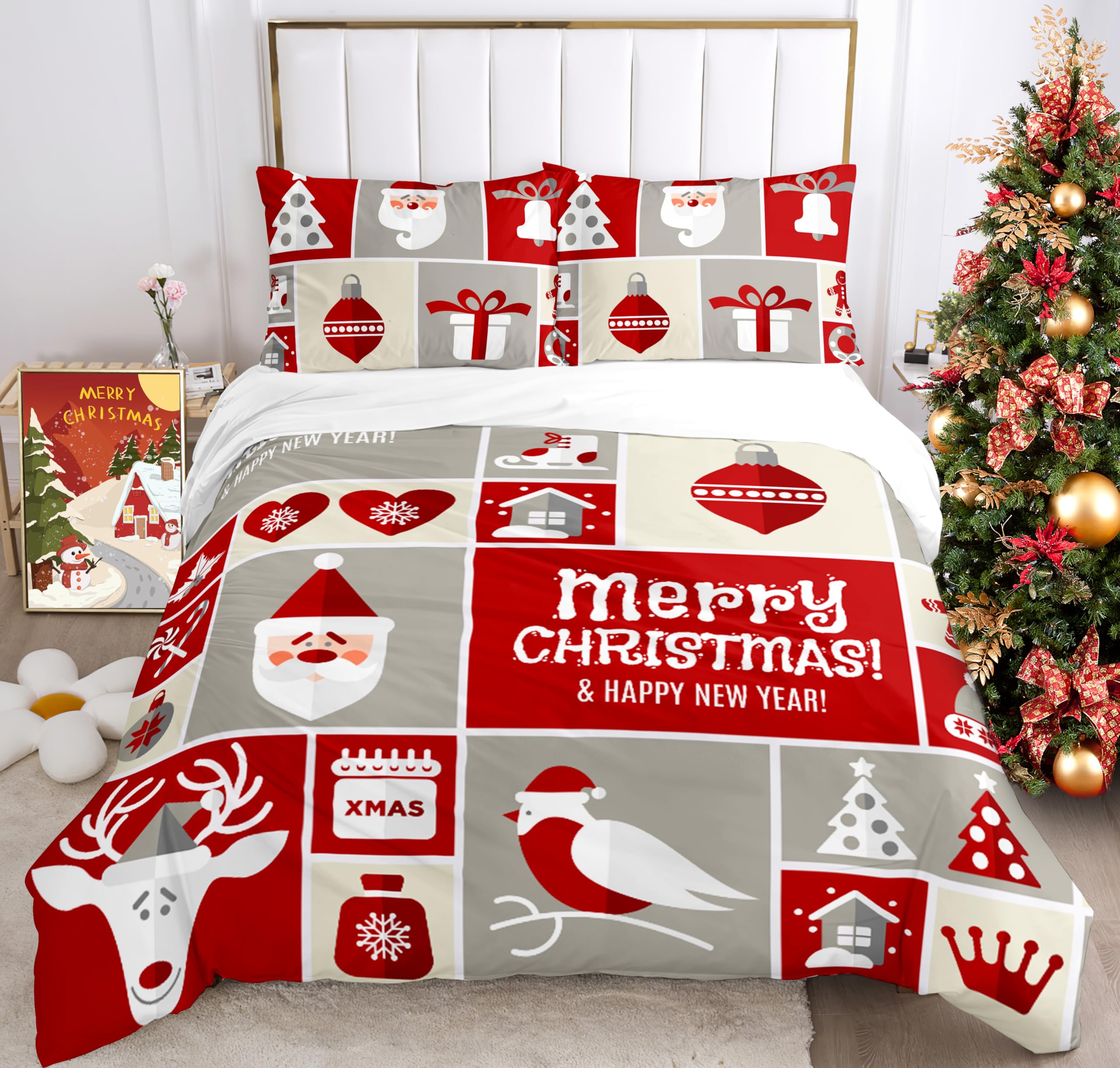 IUNTWEIE Christmas duvet set double,Santa Claus and Moose Snowman Red Duvet Cover,Christmas Decoration,Soft Zippered Bedding Set (200 x 200 cm, A) — image 1