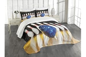 Ambesonne Bowling Party Bedspread, Blue Abstract Ball on The Lane Pins Close up View Sports Leisure Time Game, Decorative Quilted 3 Piece Coverlet Set with 2 Pillow Shams, King Size, Blue