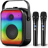 Bobtot Karaoke Machine for Adults with 2 Wireless Microphones | Stereo Pairing Portable Bluetooth Speaker with Bass adjustment,LED,Support FM/USB/AUX