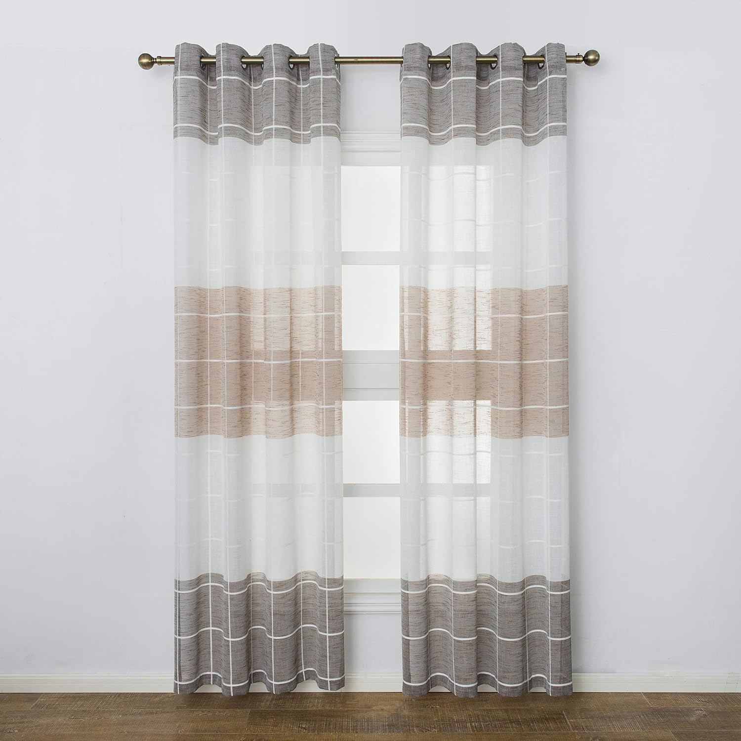 Aquazolax Thick Sheer Window Curtains Linen Look Voile Curtains Checkered Semi Sheer Drapes Two Tone for Dining Room Nursery, 2 Panels, W52 x L95 inch, Brown and White