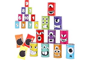 JOYIN 13 Pcs Carnival Bean Bag Toss, Knockdown Can Game Set, Holiday & Birthday Party Games, Outdoor Lawn Yard Activity for Kids Party Favors, Easter Egg Hunt for Classroom Gifts (Monster Style)