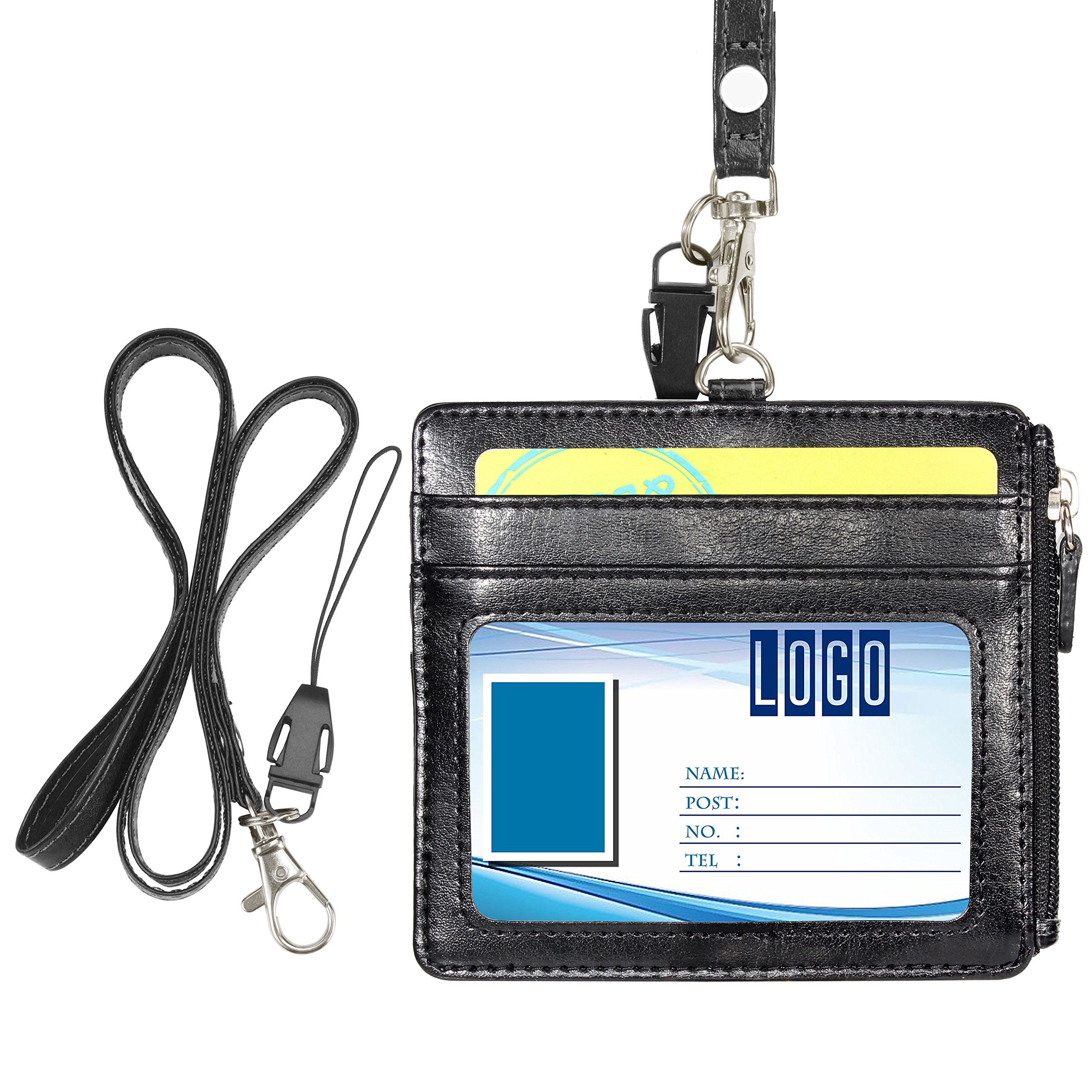 Wisdompro Badge Holder with Lanyard - Horizontal ID Card Holder with 1 ID Window, 4 Card Slots and Zippered Pocket – Black