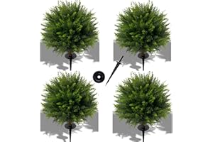 NSOPB 24.5 Inch (H) Artificial Cedar Topiary Ball Trees, Set of 4 Fake Shrub Bushes with Ground Spike, UV Resistant Faux Cypress Greenery Decor for Outdoor Garden, Patio, Front Porch, and Indoor Use