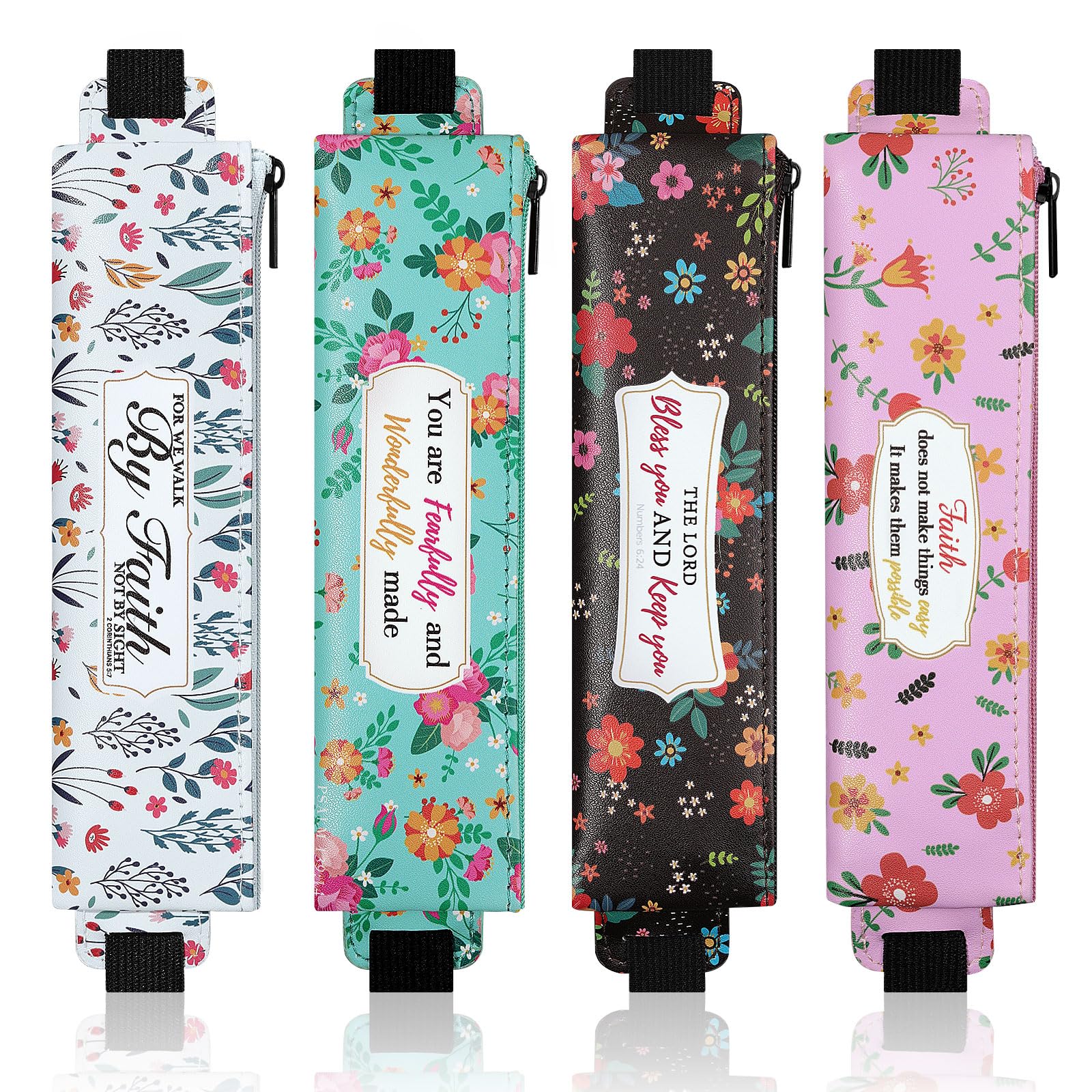 MoKo Elastic Pen Holder for Notebook, 4 Pieces PU Leather Pencil Case with Adjustable Band, Stationery School Supplies Zipper Bag for Planners, Journals, Book, Flower Black/Pink/Blue/Green