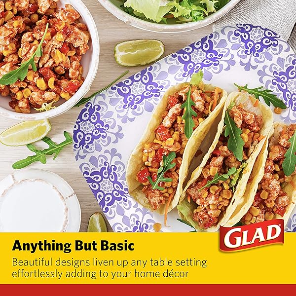 GLAD SQUARE DISPOSABLE PAPER PLATES FOR ALL OCCASIONS | SOAK PROOF, CUT PROOF, MICROWAVEABLE HEAVY DUTY DISPOSABLE PLATES | 8.5″ DIAMETER, 50 COUNT BULK PAPER PLATES