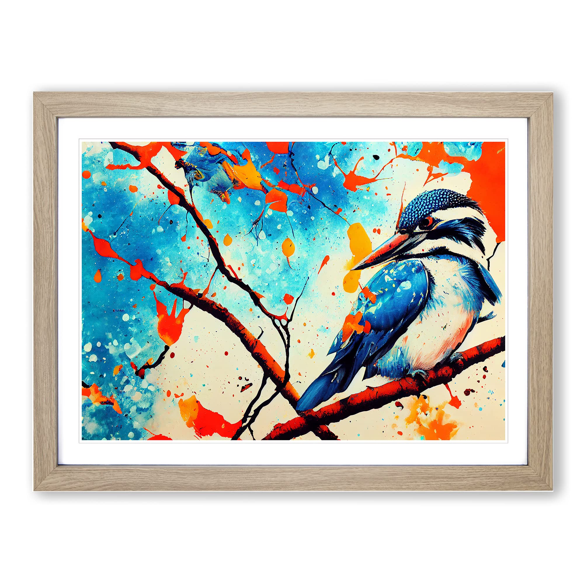 Kingfisher Bird Splashed Vol.5 Abstract Framed Print | A4 Oak Framed Wall Art | Ready to Hang | Abstract Fantasy Picture | Living Room Bedroom Lounge Office