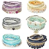 LOYALLOOK 6 Sets Bohemian Stackable Bead Bracelets for Women Stretch Bohemian Style Stretch Multilayered Boho Bracelet Set