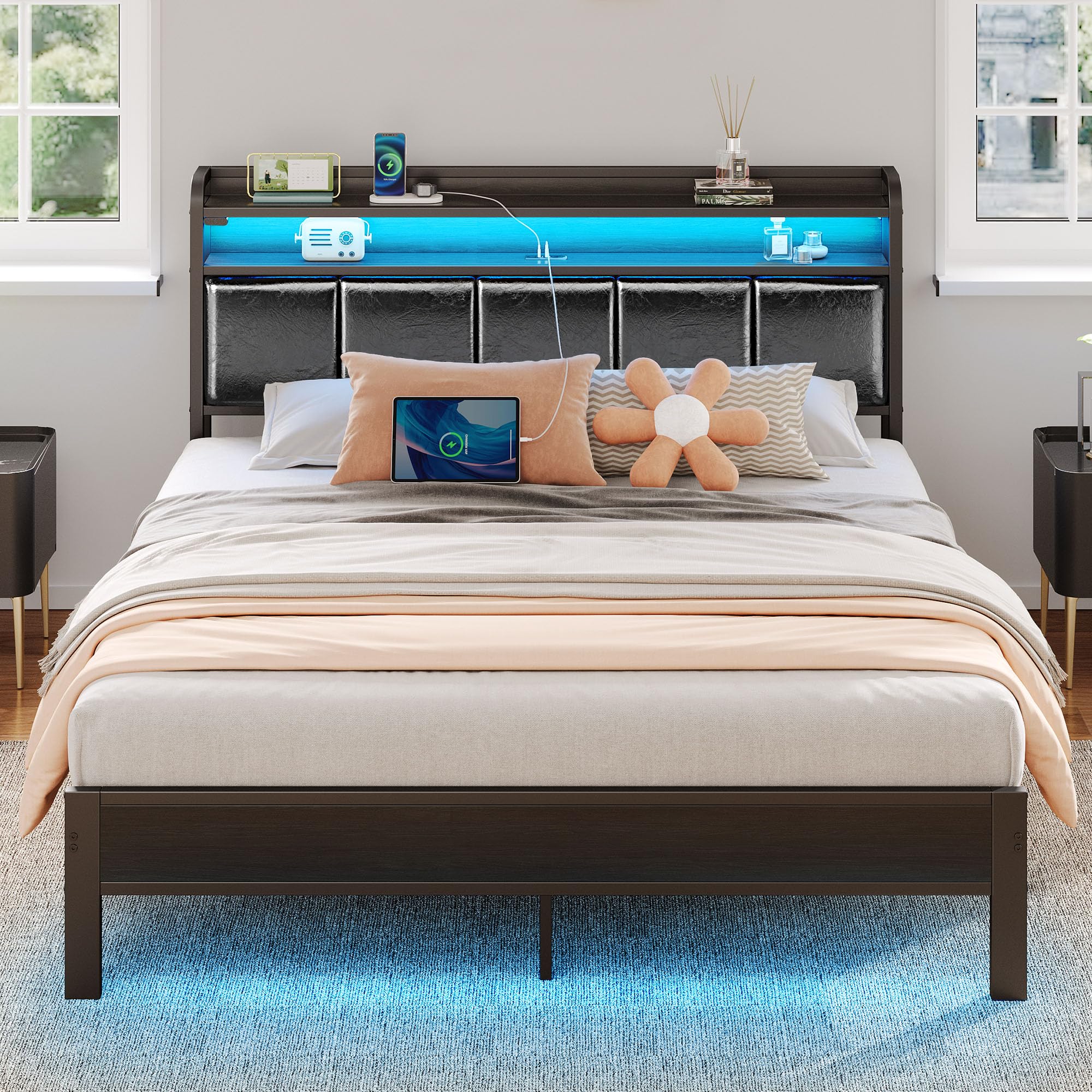 Rolanstar Bed Frame Queen Size with Charging Station and LED Lights, PU Leather Headboard with Storage Shelves, Heavy Duty Metal Slats, No Box Spring Need, Noise Free, Easy Assembly, Black Image