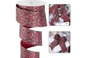 LIZLOVESS Burgundy Christmas Ribbon 2.5" Glitter Mesh Wired Ribbon for Christmas Tree Maroon Diamond Honeycomb Ribbon for Gift Wrapping, Crafts, Wreath Supplies, Garland, Tree Topper Bows - 10 Yards