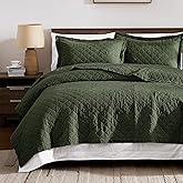 WDCOZY 100% Pre-Washed Cotton King Size Quilt Set - Olive Green Ruffle Box Soft Lightweight Bedspread, Textured Like Linen, Farmhouse Country Rustic Coverlet, Shabby Chic Gauze Bedding, 3 Pieces