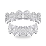 TOPGRILLZ Grillz Vampire Teeth - Grills for Your Teeth Grillz for Women Men 18K Gold-Plated Iced out CZ Fangs Hip Hop Rapper Costume Accessory Cosplay Extra Molding Bars（Silver）