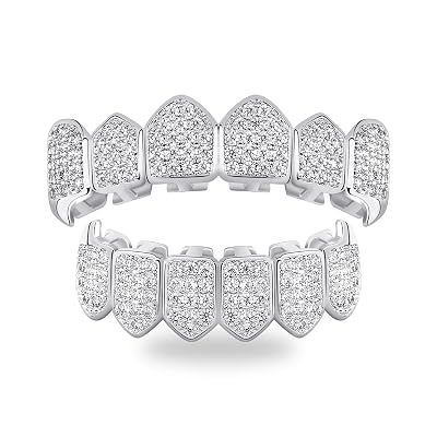 TOPGRILLZ Grillz Vampire Teeth - Grills for Your Teeth Grillz for Women Men 18K Gold-Plated Iced out CZ Fangs Hip Hop Rapper Costume Accessory Cosplay Extra Molding Bars（Silver）
