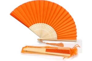 FANSOF.FANS Fabric Handheld Folding Hand Fan With a Tassel Grade A Bamboo Ribs for Women Girls Summer Party Event Favor Birthday Wedding Souvenir Gift (Orange)