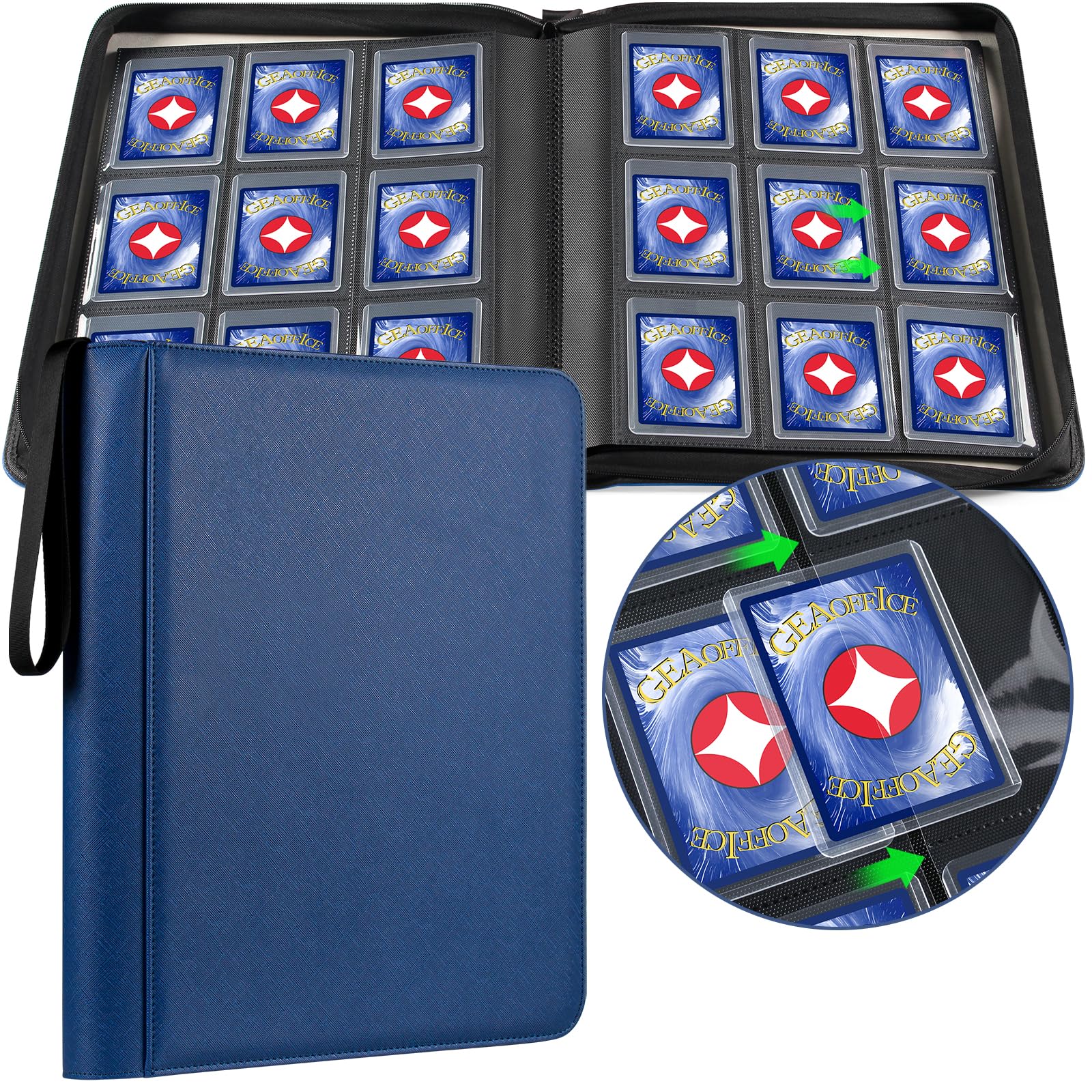 Photo 1 of GEAoffice Top Loader Binder Holds 324 Cards, Side Loading 9 Pocket Card Binder for Toploader 3"×4" Rigid, Premium Archival Safe Card Collection Binder Holder for MTG, TCG, Sports Cards, Blue