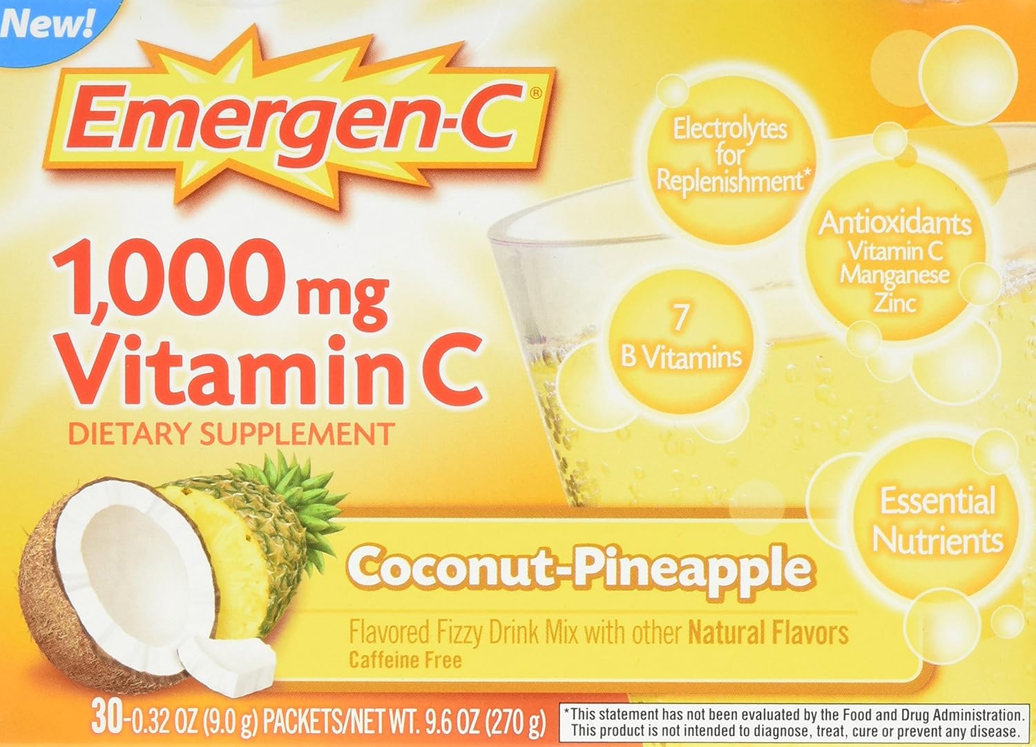 Amazon.com: Emergen-C Dietary Supplement Drink Mix With 1000mg Vitamin C, 0.32 Ounce Packets, Caffeine Free (Coconut/Pineapple, 30 Count): Health & Personal ...