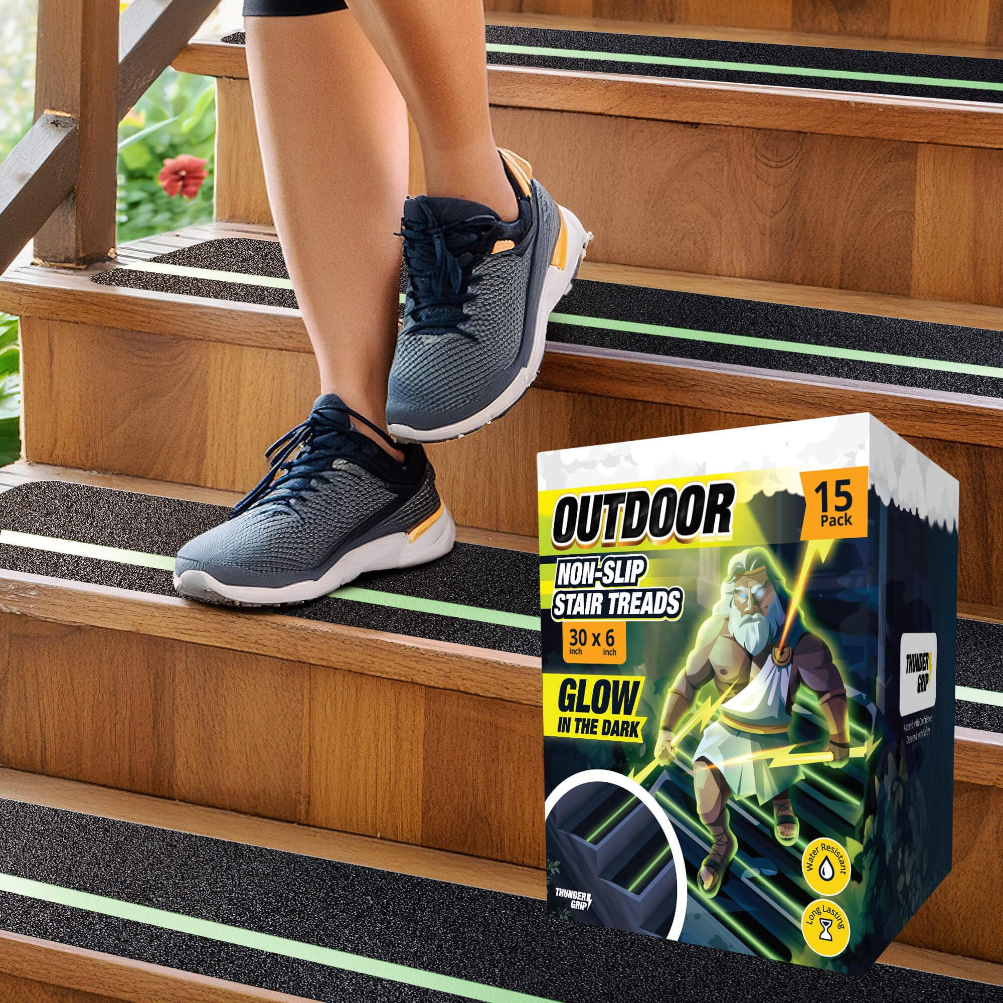 Photo 1 of Grip Tape for Stairs 30" x 6" - 15-Pack Outdoor Stair Treads Non-Slip Weather Resistant - Anti Slip Tape for Exterior Wooden Steps - Glow in the Dark Waterproof 80-Grit Adhesive Treads by Thunder Grip