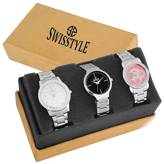 Swisstyle Analogue Black Pink White Dial Womens Combo Of 3 Watch - Ss-3Cmb-03